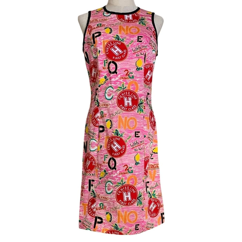 Victoria Pappas Shift Dress Womens 8 Pink Novelty Cruise Travel Print Open Back